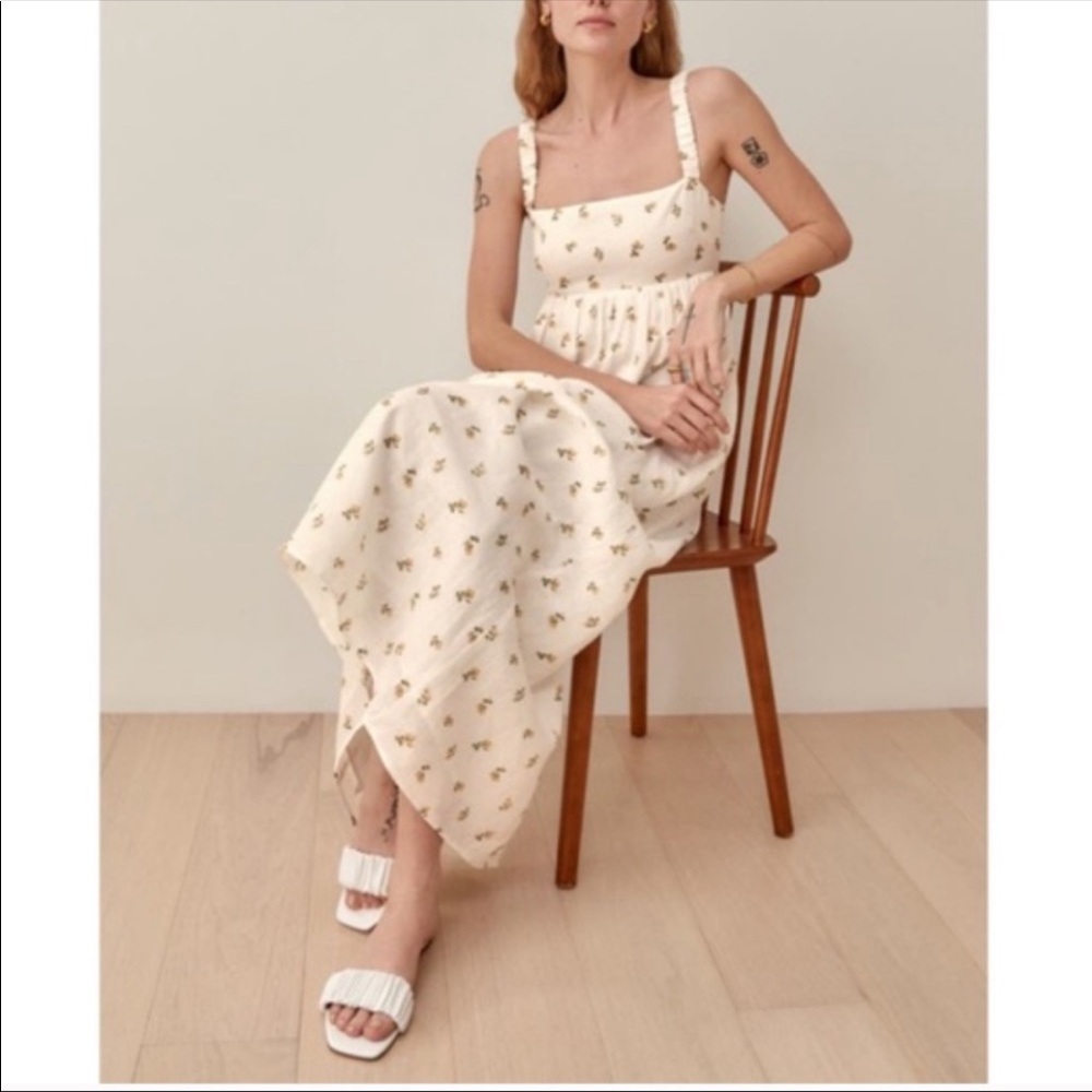 Reformation Cream Maxi Dress with Green Floral Print | Size Large